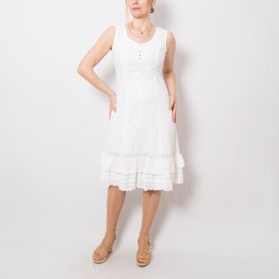 Vintage White Eyelet Dress Cotton Sundress Romantic Bohemian Dress Medium Size Gift for Girlfriend