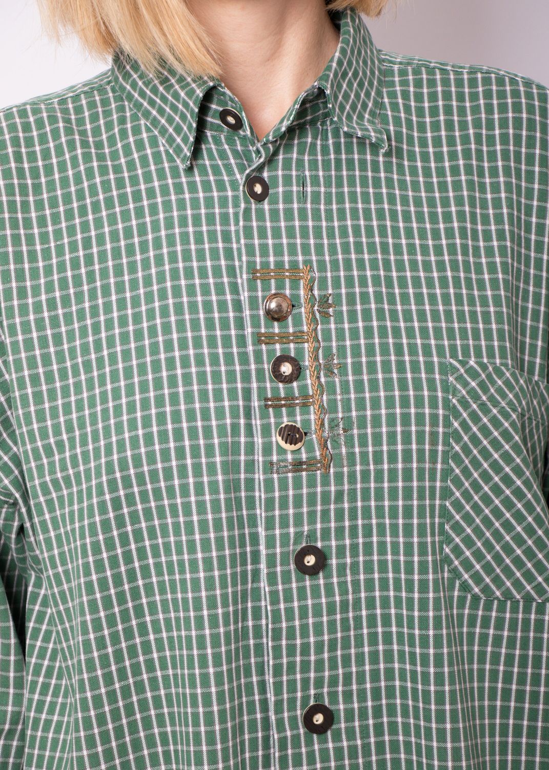 Vintage Green Plaid Button Up Shirt Folk Loden Shirt XL Dirndl Traditional Trachten Shirt Bavarian Oktoberfest Shirt