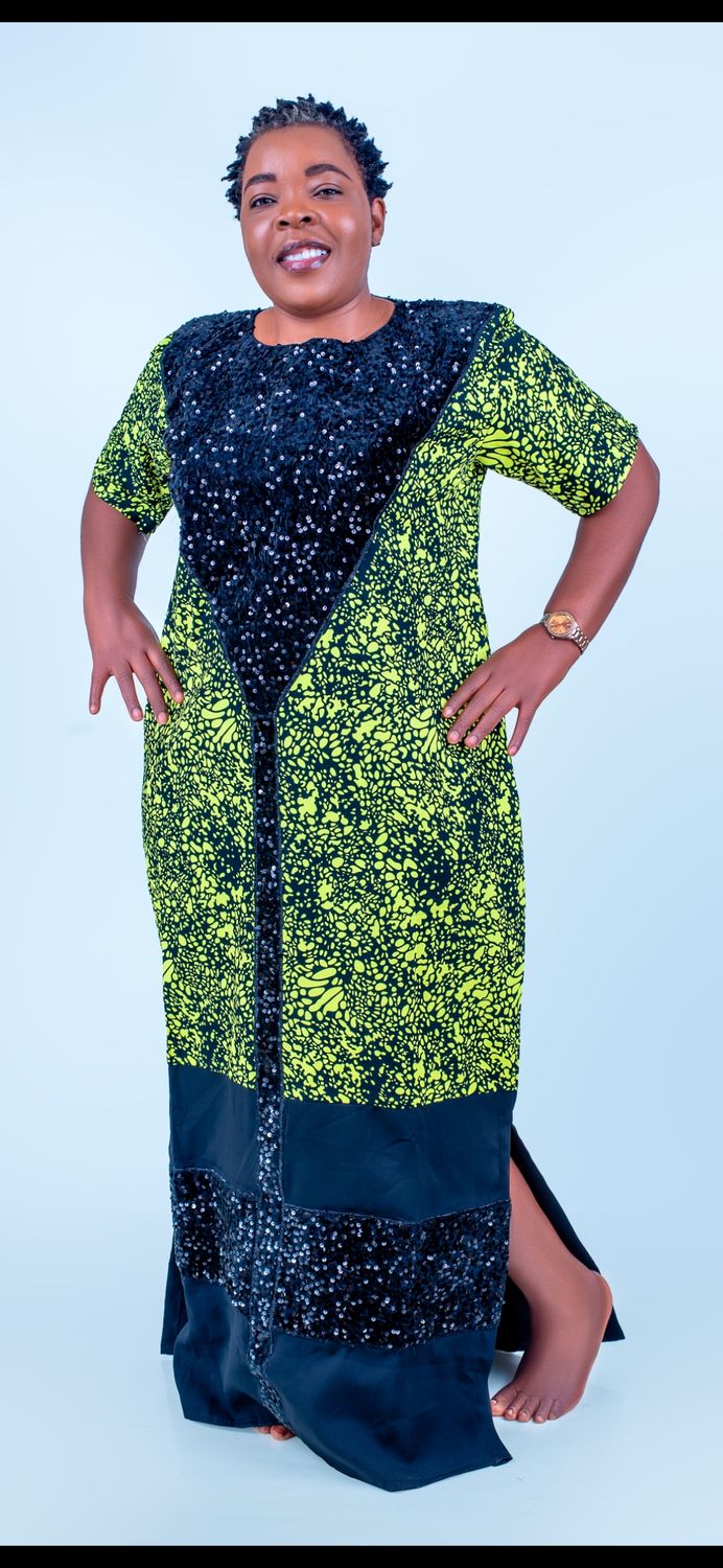 Sample yellow and black African female long gown