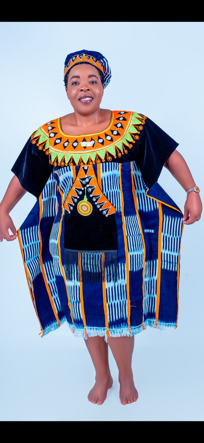 Sample Navy blue and white African  female traditional short gown