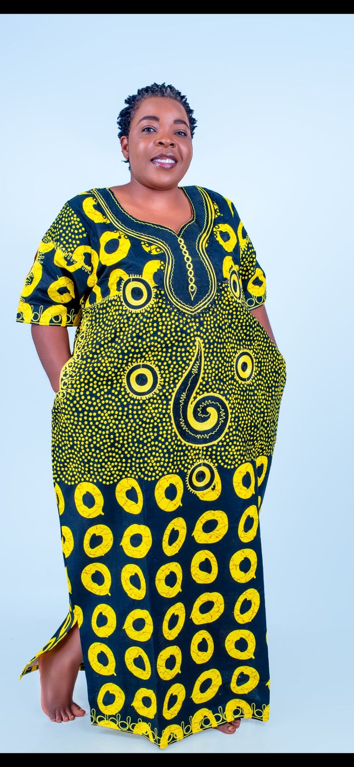 Sample yellow and black African female long gown