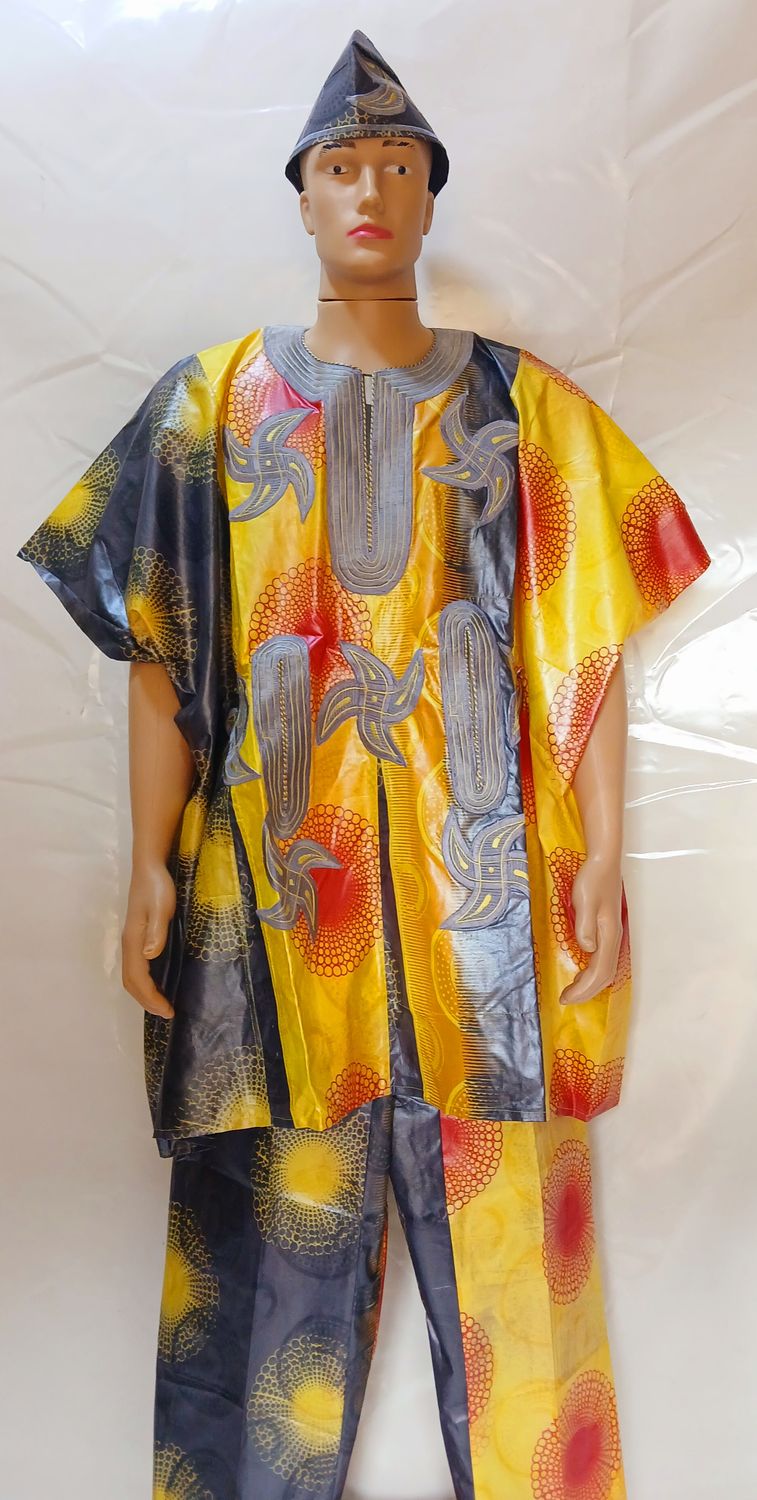Sample yellow and Grey, two piece trouser and top, danshiki traditional African male wear