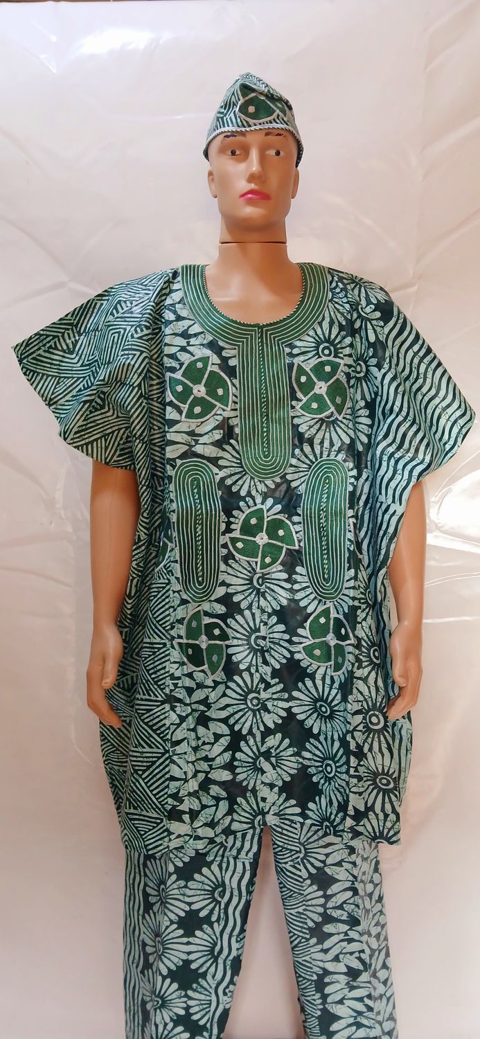 Sample two piece trouser and top, green danshiki, male traditional African wear