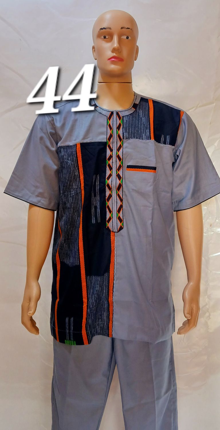 Sample two piece trouser and top, Grey and black African male wear