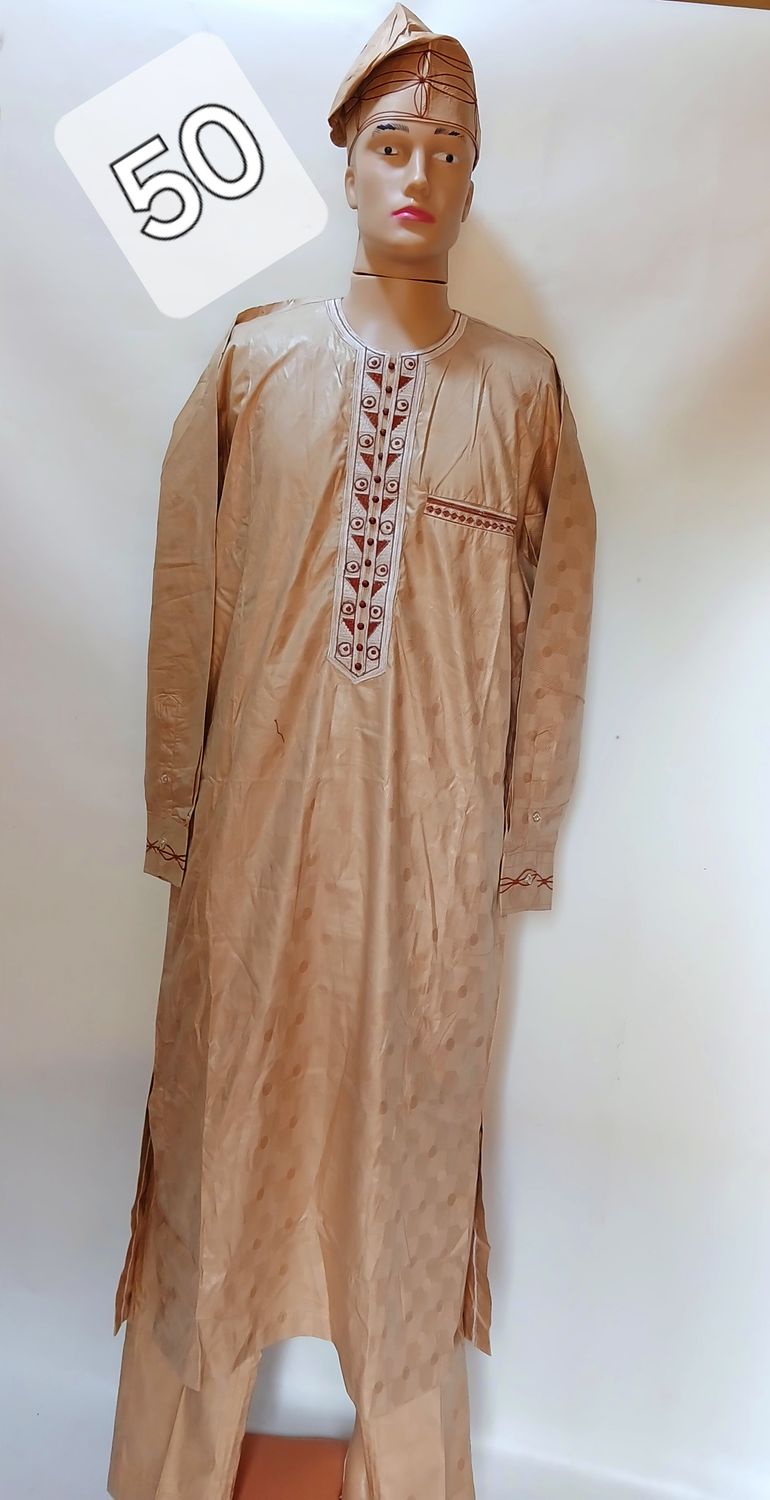 Sample two piece trouser and top, brown African male wear