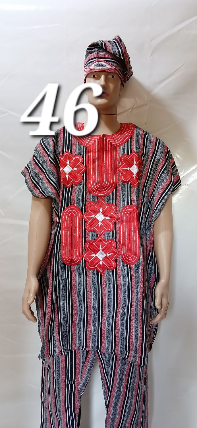 Sample red embroidered traditional two piece male trouser and top African wear