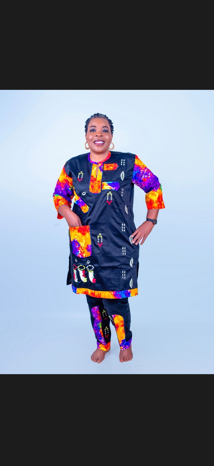 Sample black multicolored female African trouser and top