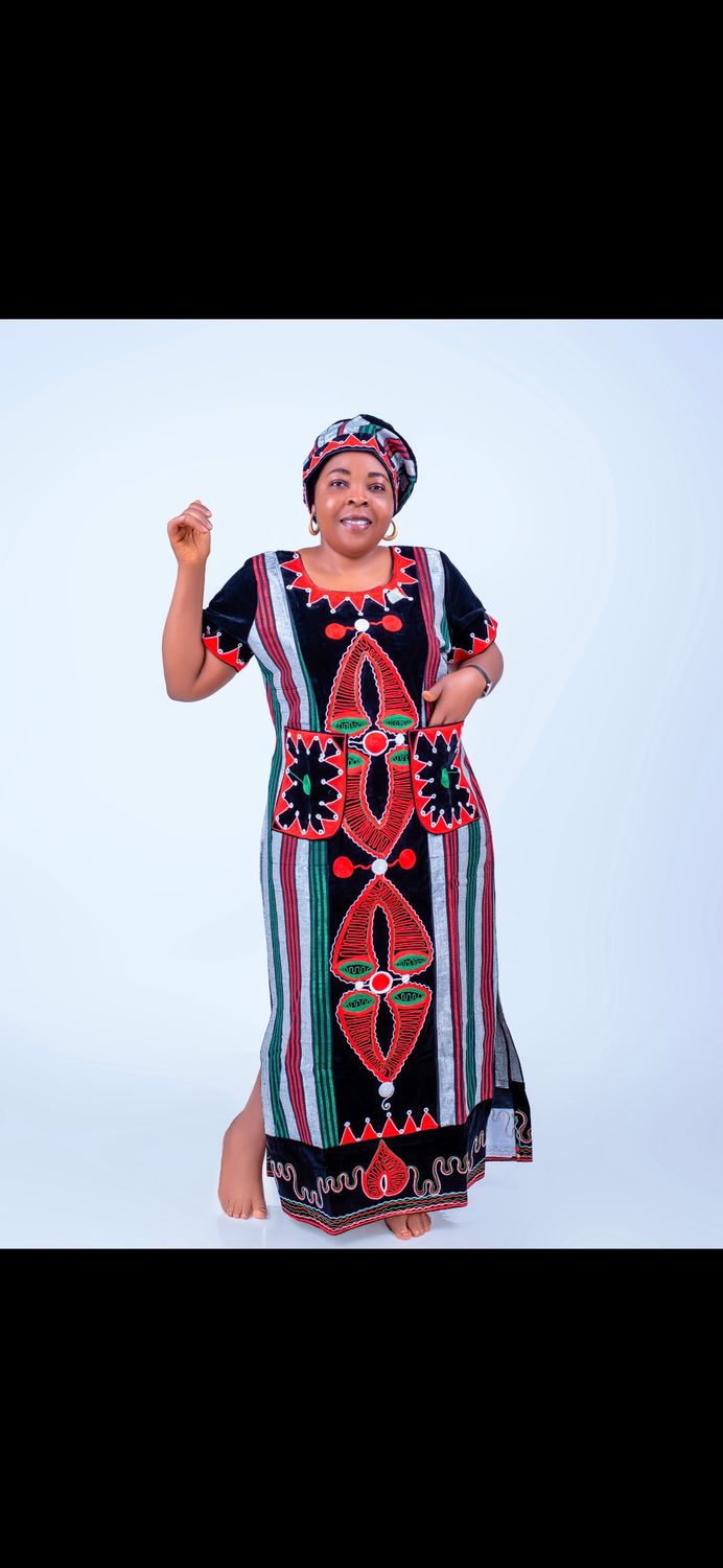 Sample multicolored female African long gown