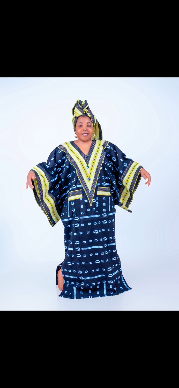 Sample female African navy blue long gown