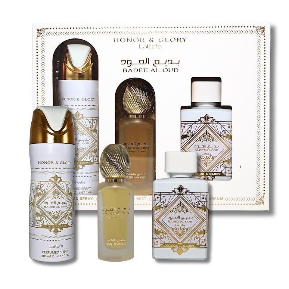 LATTAFA BADEE AL OUD HONOR AND GLORY 3 PCS GIFT SET ( 3.4oz EDP Spray + 6.7oz DEO + 1.7oz HAIRMIST ) for UNISEX