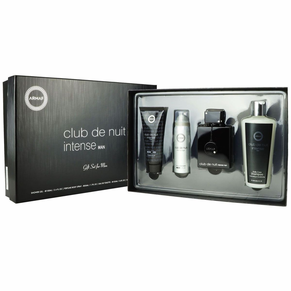 Armaf Club De Nuit Intense 4 Piece Set (3.6oz EDT Spray, 1.7oz Perfume B/S, 3.4oz S/G, 8.4oz Shampoo)