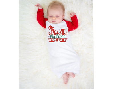 Monogram Holiday Raglan Long Sleeve Baby Gown