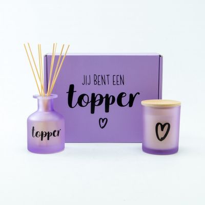 Luxegiftbox geurkaars &amp; diffuser gevuld - frosted lila