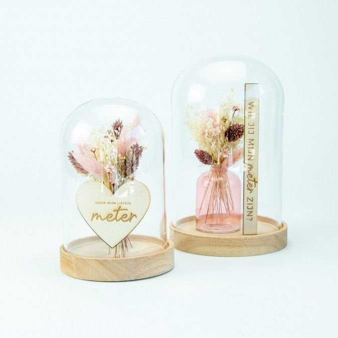 Glazen globe met houten voetstuk 15cm