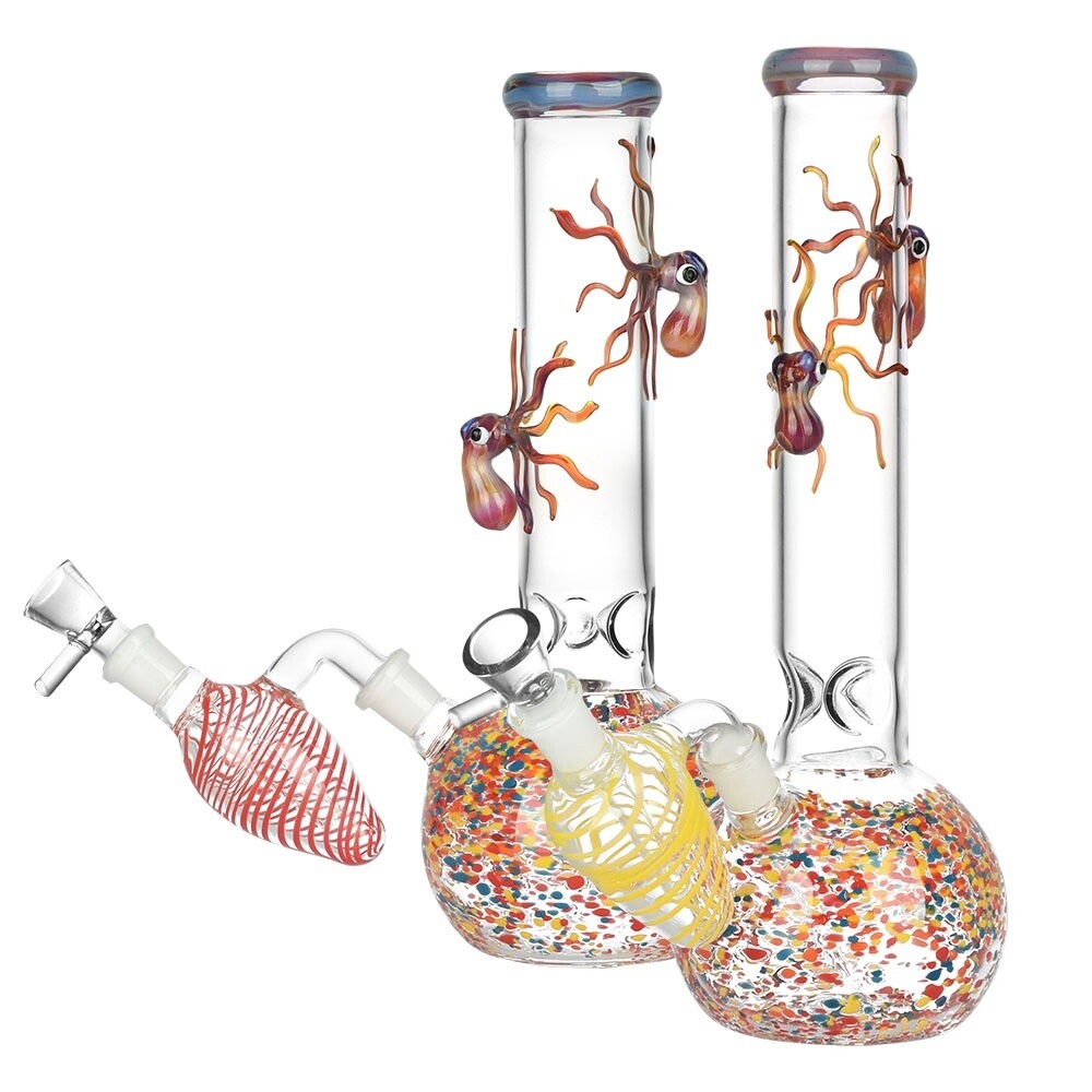 OCTOPUS FRIT BUBBLE BASE WATER PIPE W/ ASH CATCHER | 10" | 14MM F | COLORS VARY