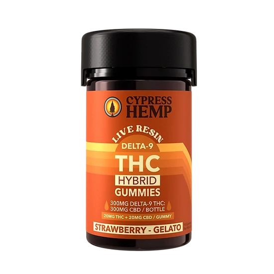 Cypress Hemp: Live Resin 1:1 THC & CBD Hybrid Strawberry Gummies