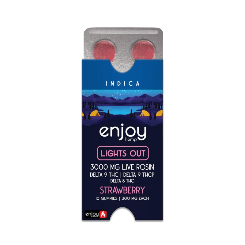 Enjoy: 300mg THC + THCp Live Rosin Lights Out Gummies- Strawberry Enjoy: 300mg THC + THCp Live Rosin Lights Out Gummies- Strawberry