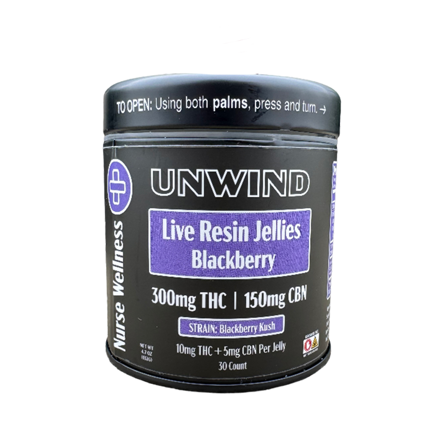 Nurse Wellness: Live Resin 10mg Delta 9 THC & 5mg CBN Unwind - Blackberry Kush 30ct Gummies