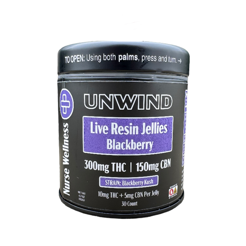 Nurse Wellness: Live Resin 10mg Delta 9 THC & 5mg CBN Unwind - Blackberry Kush 30ct Gummies