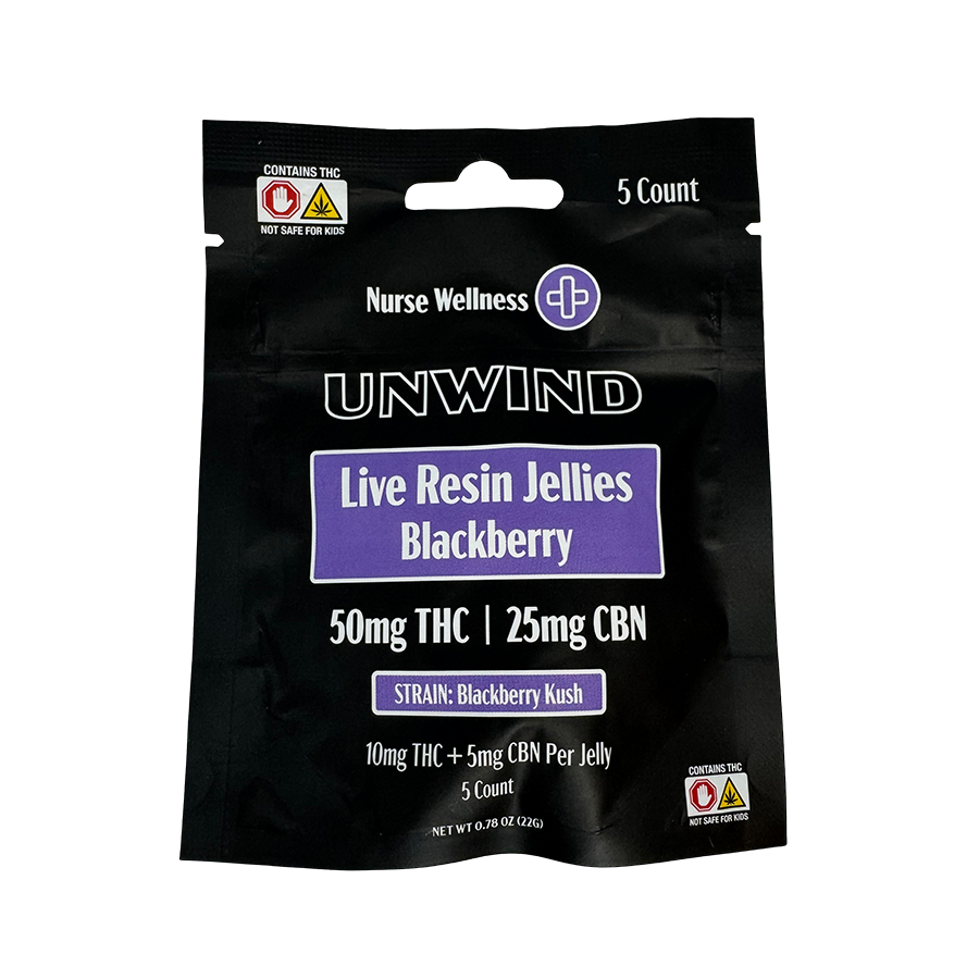 Nurse Wellness: Live Resin 10mg Delta 9 THC & 5mg CBN Unwind - Blackberry Kush 5ct Gummies