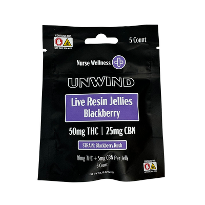 Nurse Wellness: Live Resin 10mg Delta 9 THC &amp; 5mg CBN Unwind - Blackberry Kush 5ct Gummies