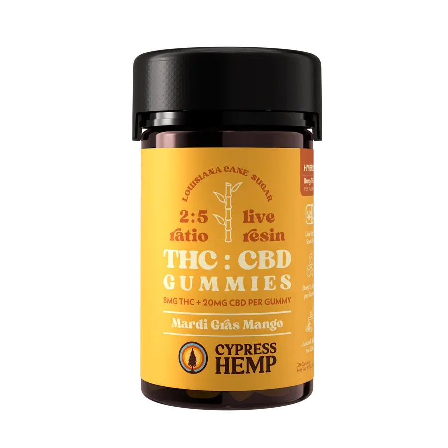 Cypress Hemp: Mardi Gras Mango Hybrid 8mg THC + 20mg CBD Gummies / 30ct