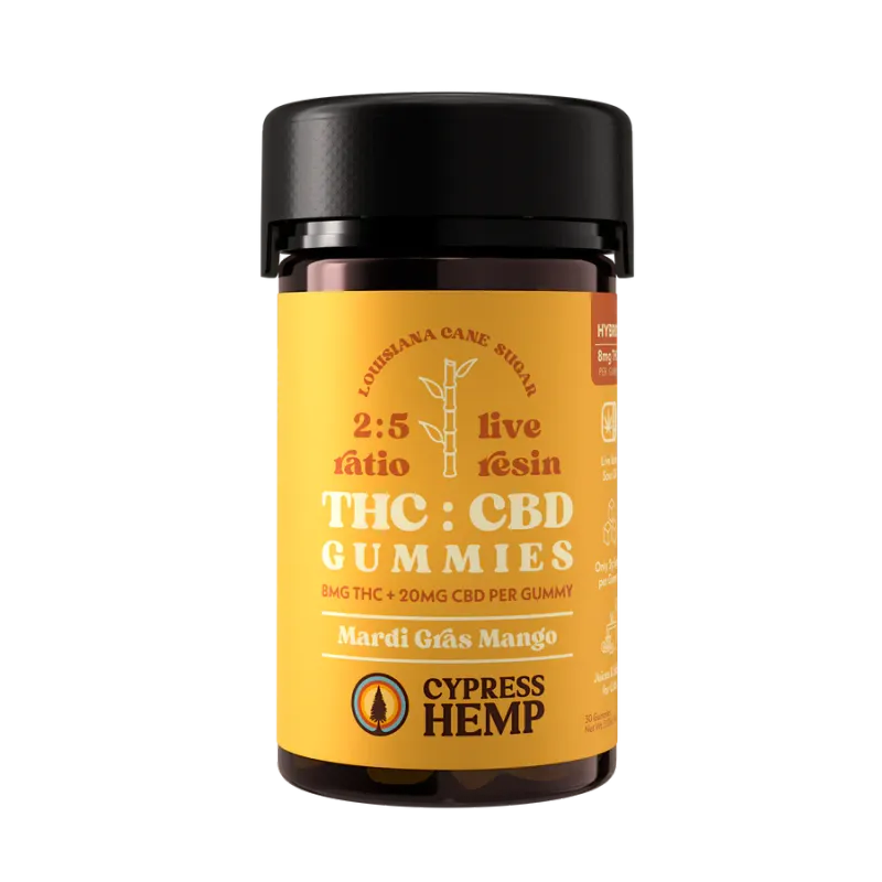 Cypress Hemp: Mardi Gras Mango Hybrid 8mg THC + 20mg CBD Gummies / 30ct