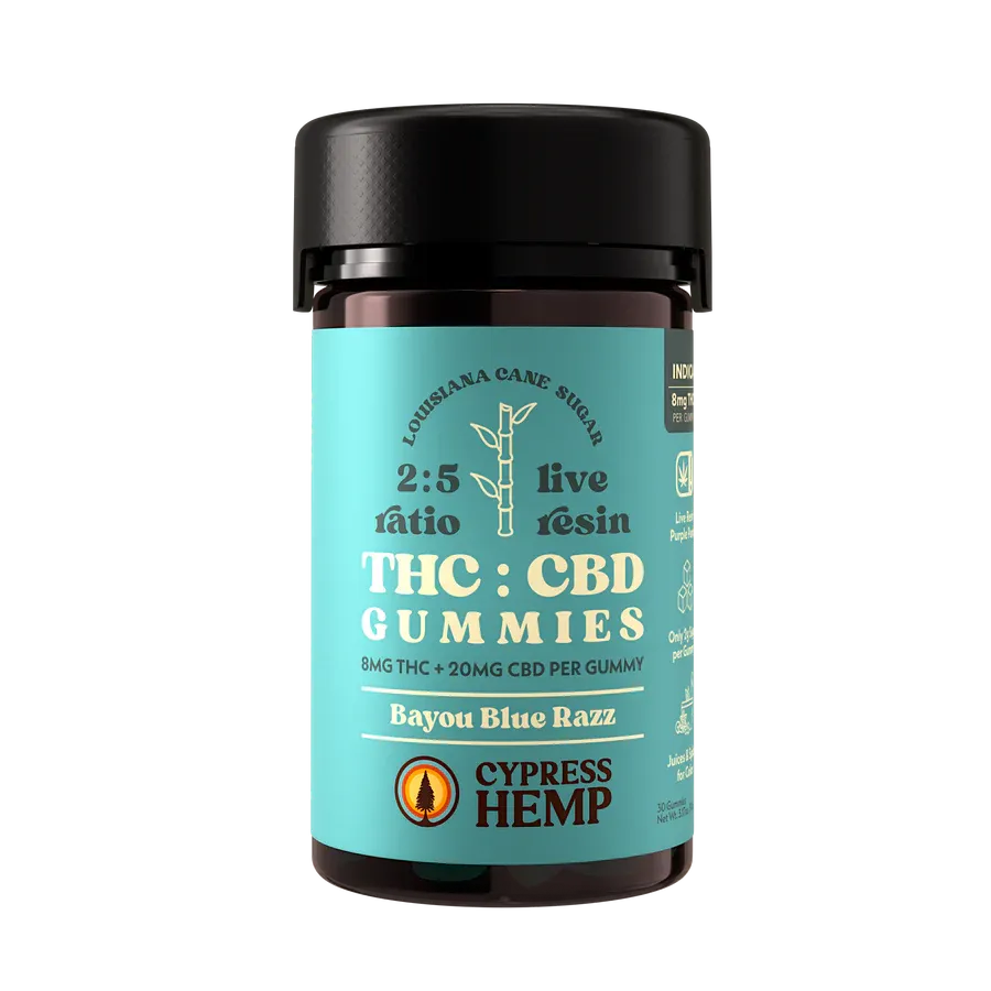 Cypress Hemp: Bayou Blue Razz Indica 8mg THC + 20mg CBD Gummies / 30ct
