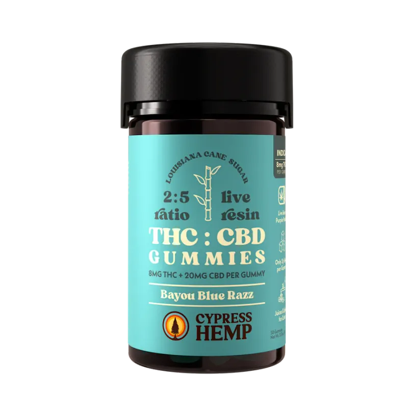 Cypress Hemp: Bayou Blue Razz Indica 8mg THC + 20mg CBD Gummies / 30ct