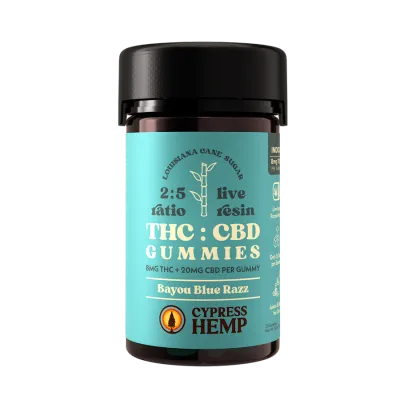 Cypress Hemp: Bayou Blue Razz Indica 8mg THC + 20mg CBD Gummies / 30ct