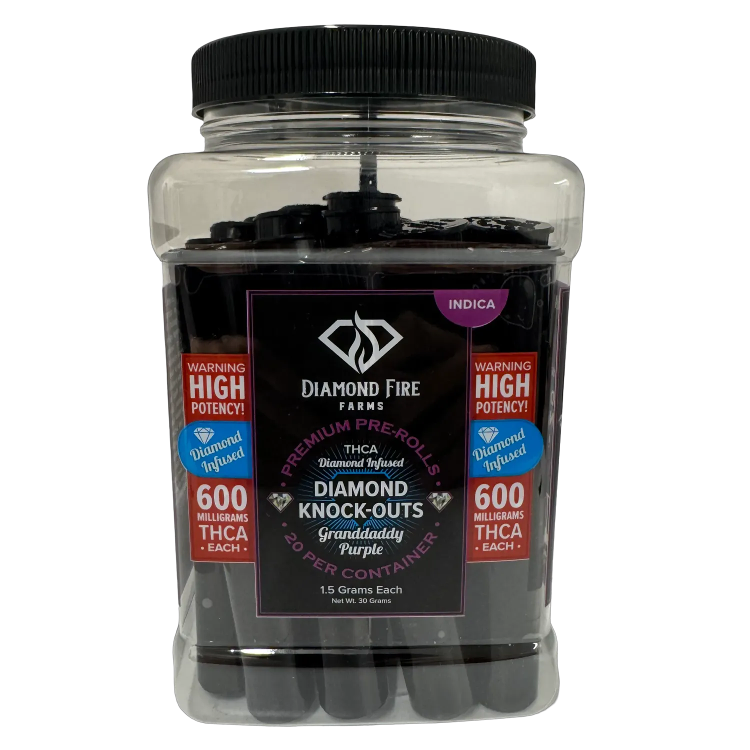Diamond Fire Farms: Diamond Knockout Granddaddy Purple Indica THCa 1.5g Prerolls / 20 count