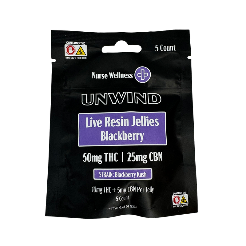 Nurse Wellness: Live Resin 10mg Delta 9 THC &amp; 5mg CBN Unwind - Blackberry Kush 5ct Gummies