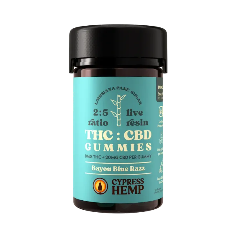 Cypress Hemp: Bayou Blue Razz Indica 8mg THC + 20mg CBD Gummies / 30ct