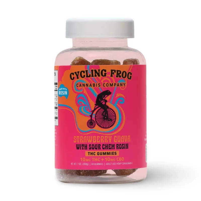 Cycling Frog: Live Rosin Strawberry Guava Gummies - 10mg THC + 10mg CBD 40ct
