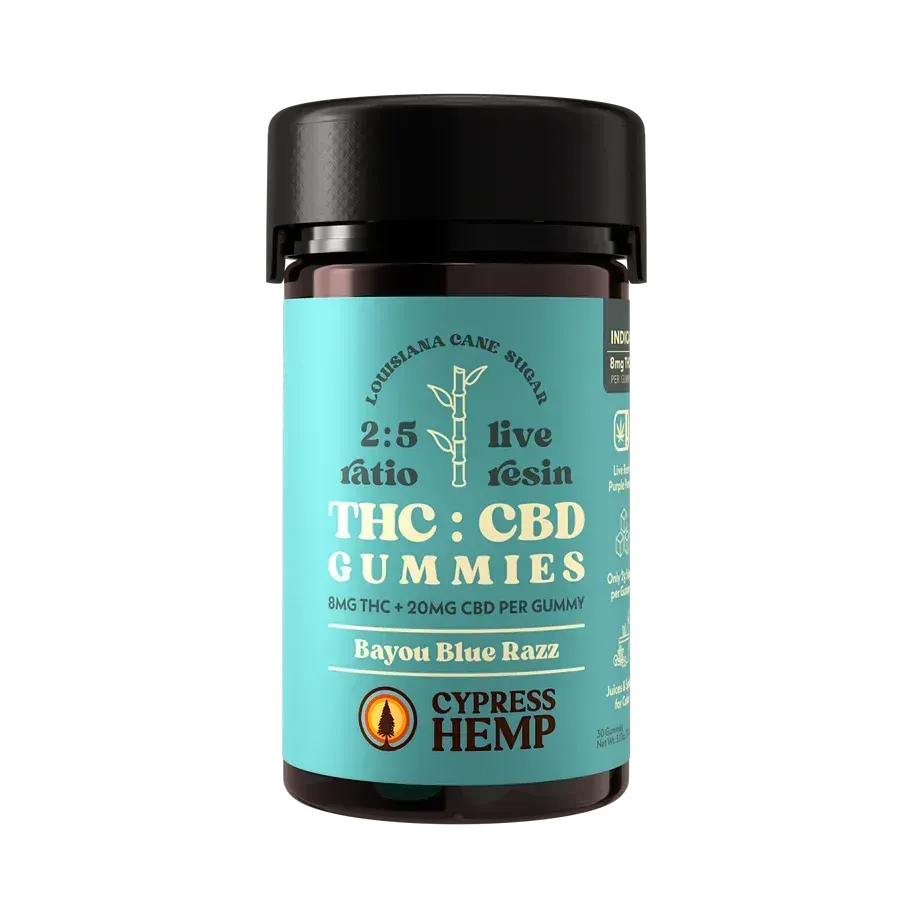Cypress Hemp: Bayou Blue Razz Indica 8mg THC + 20mg CBD Gummies / 30ct