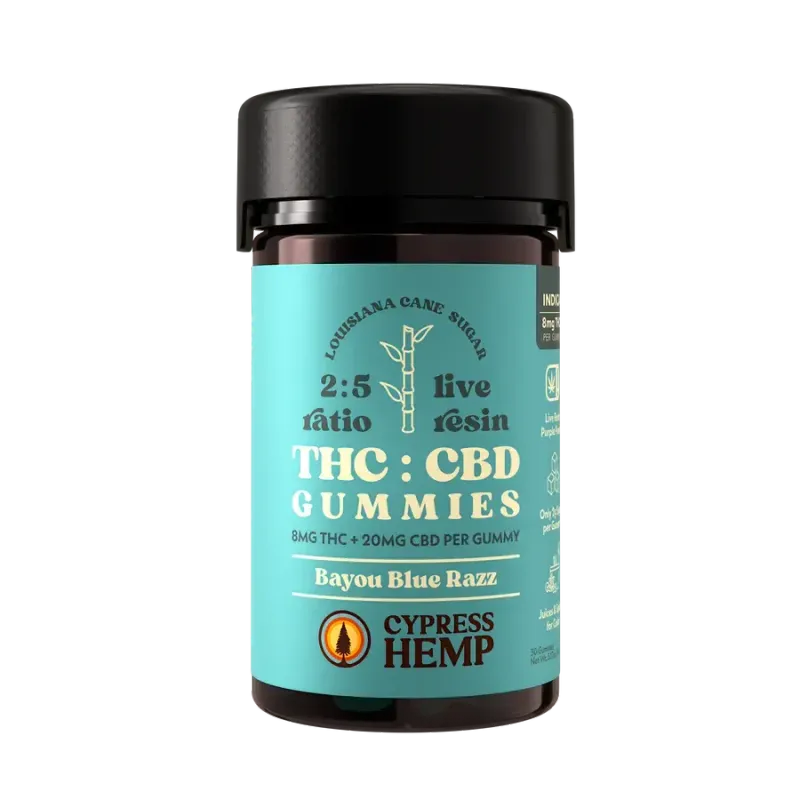 Cypress Hemp: Bayou Blue Razz Indica 8mg THC + 20mg CBD Gummies / 30ct