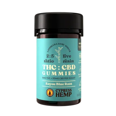 Cypress Hemp: Bayou Blue Razz Indica 8mg THC + 20mg CBD Gummies / 30ct