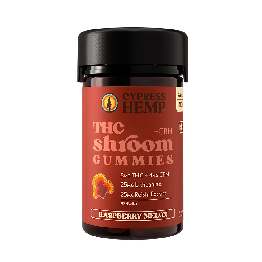 Cypress Hemp: Raspberry Melon Reishi Mushroom + THC + 4mg CBN Gummies | Indica