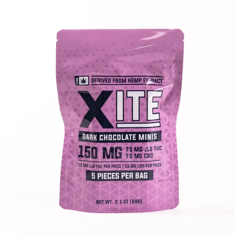 Xite: Dark Chocolate Minis 1:1 THC:CBD 5ct Bag Xite: Dark Chocolate Minis 1:1 THC:CBD 5ct Bag