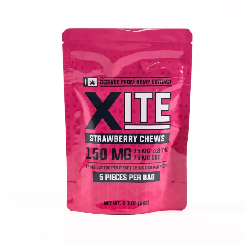 Xite: Strawberry Chews 1:1 THC:CBD 5ct Bag Xite: Strawberry Chews 1:1 THC:CBD 5ct Bag