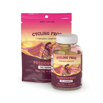 Cycling Frog: Passionfruit Gummies - 10mg THC + 10mg CBD