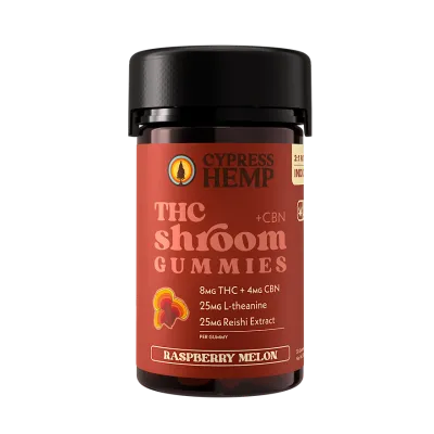 Cypress Hemp: Raspberry Melon Reishi Mushroom + THC + 4mg CBN Gummies | Indica
