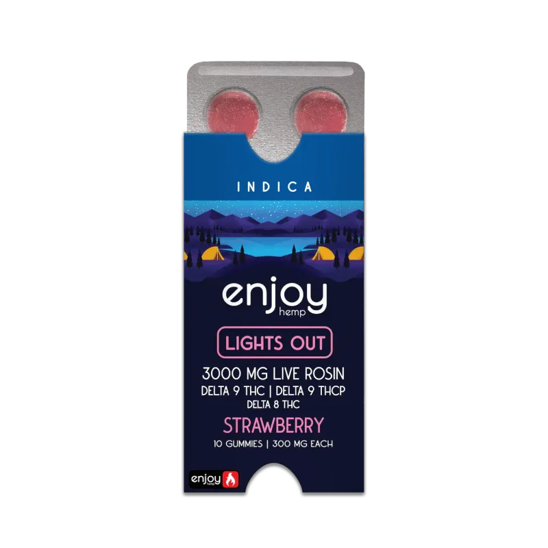 Enjoy: 300mg THC + THCp Live Rosin Lights Out Gummies- Strawberry