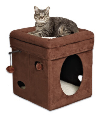 Kattenhuis Midwest Curious Cat Cube bruin suède