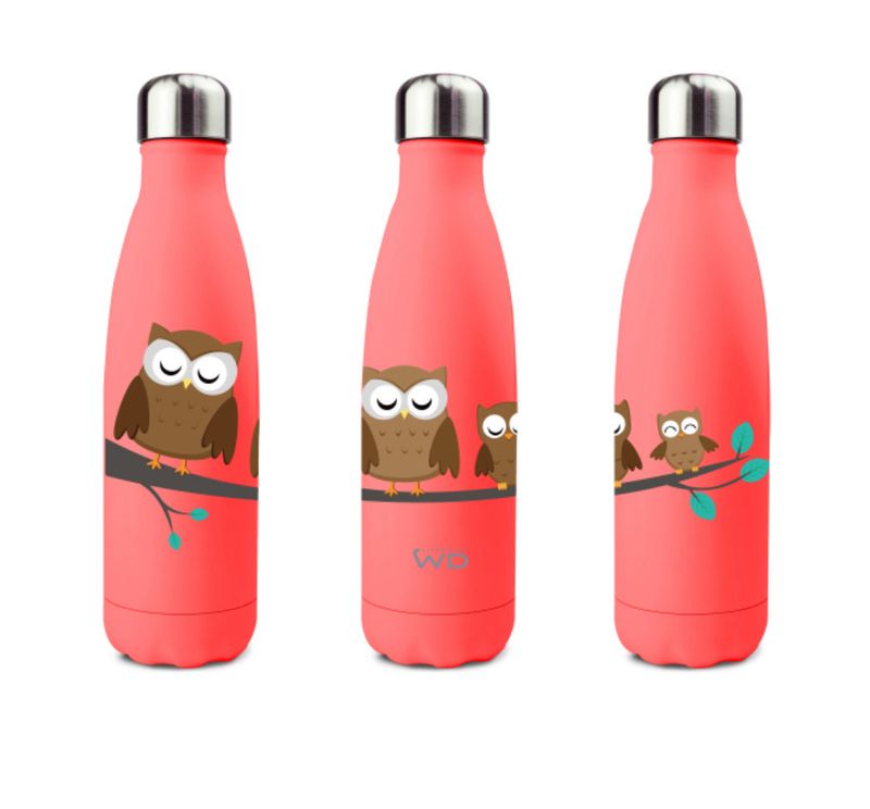 WD lifestyle Bottiglia termica in acciao inox. Capacità 500 ml. Decoro gufi.