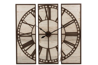 Clock 3Parts Square Roman Numerals Wood White/Metal Brown