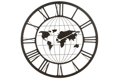 Clock Roman Numerals World Map Metal Black