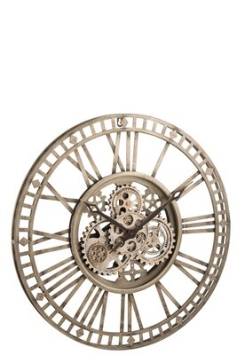 Clock Roman Numerals Visible Mecanism Metal Antique Grey