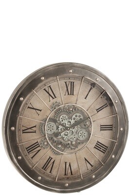 Clock Roman Numerals Visible Mecanism Metal+Glass Antique Grey
