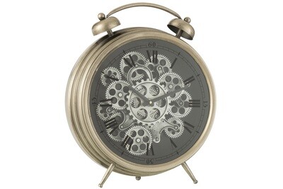 Clock Alarm Roman Numerals Gears Metal Silver Large